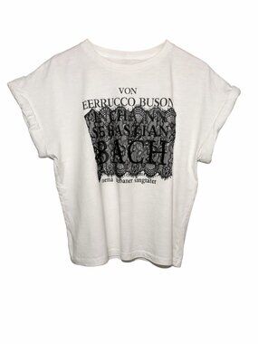 White Graphic Tee w/ Lace Overlay | Edgy Feminine Bach Print Tee | Euro C Medium